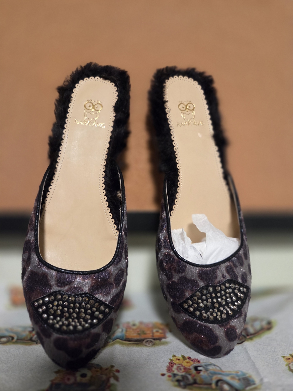 Rara Avis Leopard-Print Fur-Trim Slip-On Flats with Studded Accent